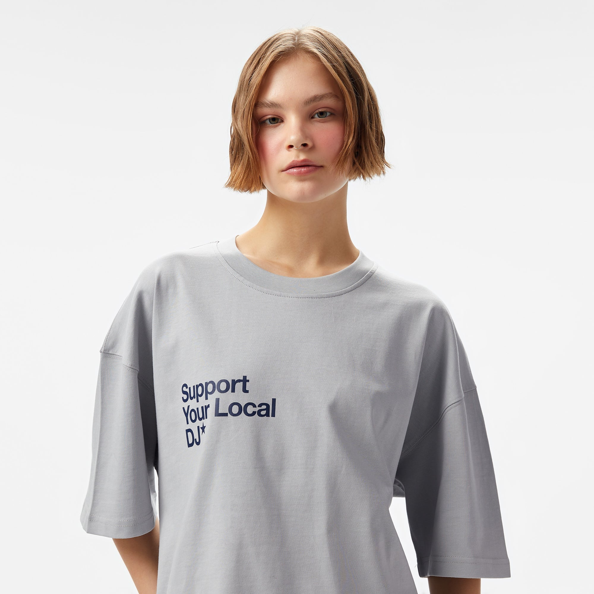 Aclothco X LFI Oversized Crew Neck Slogan Printed Unisex Gri T-Shirt