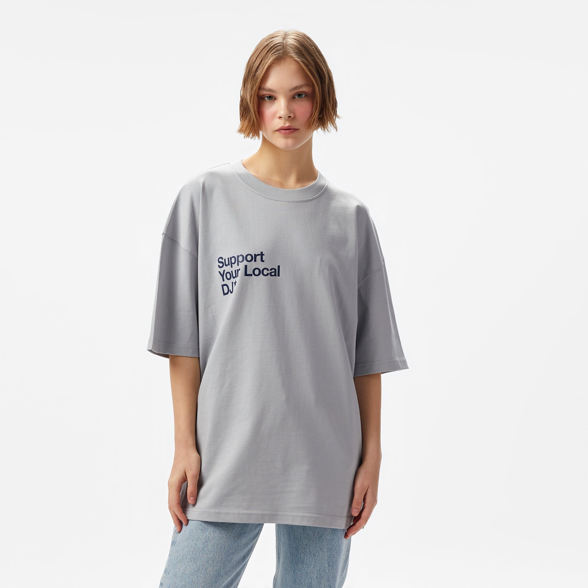 Aclothco X LFI Oversized Crew Neck Slogan Printed Unisex Gri T-Shirt