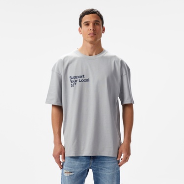  Aclothco X LFI Oversized Crew Neck Slogan Printed Unisex Gri T-Shirt