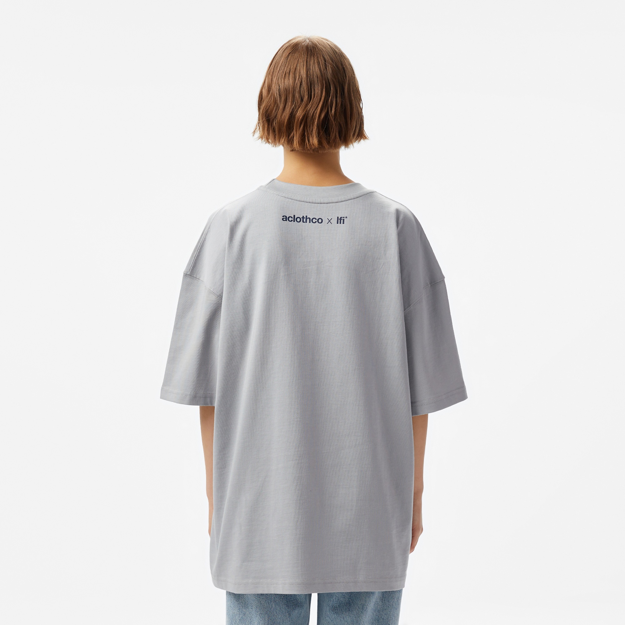 Aclothco X LFI Oversized Crew Neck Slogan Printed Unisex Gri T-Shirt