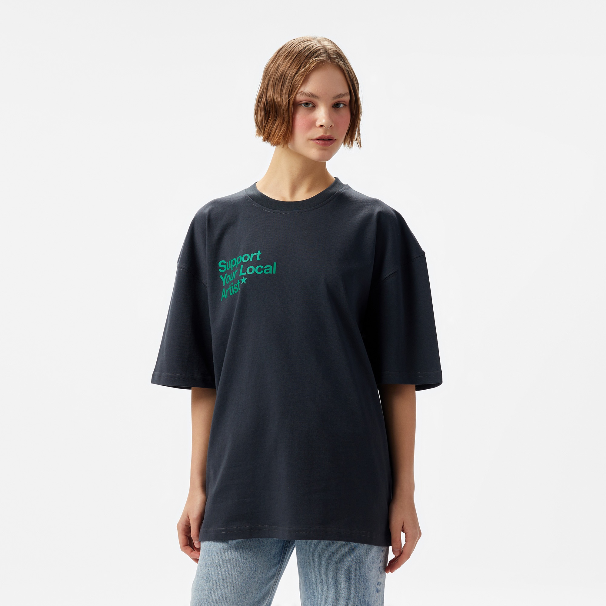 Aclothco X LFI Oversized Crew Neck Slogan Printed Unisex Antrasit T-Shirt