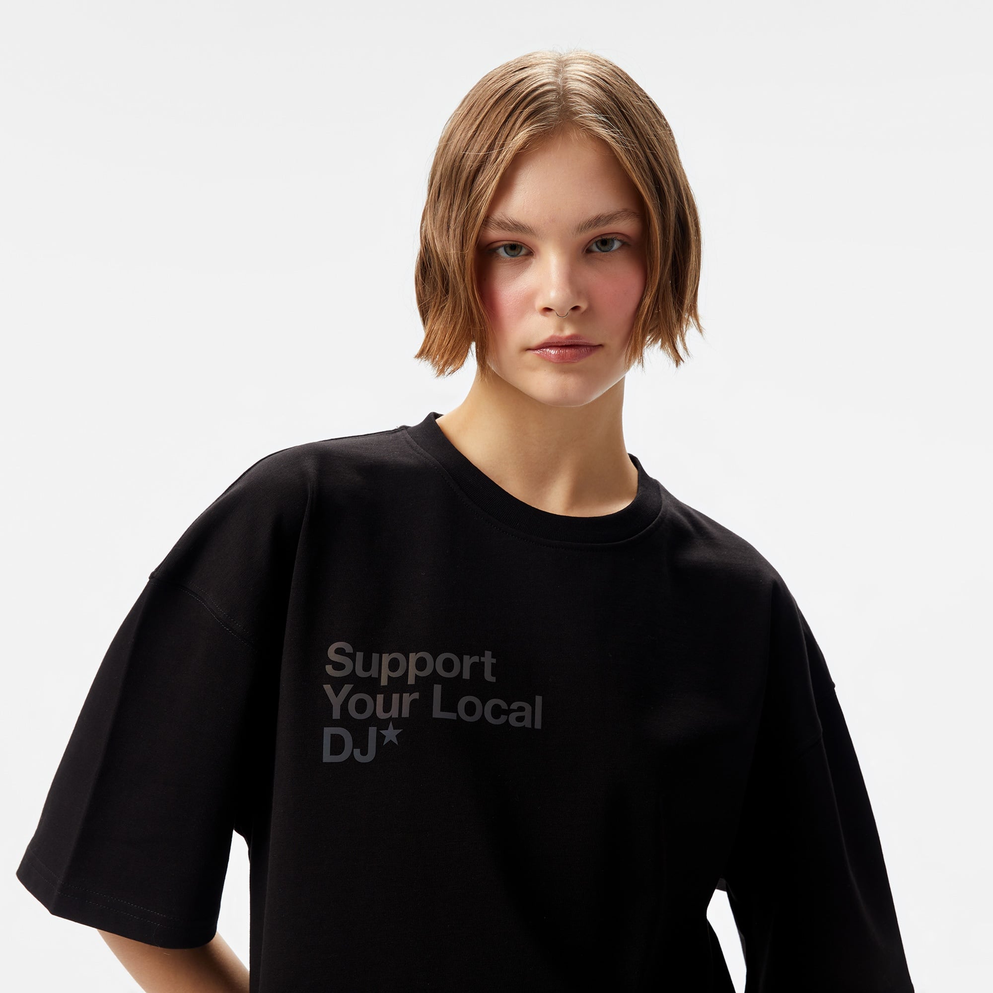 Aclothco X LFI Oversized Crew Neck Slogan Printed Unisex Siyah T-Shirt