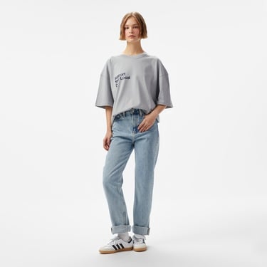  Aclothco X LFI Oversized Crew Neck Slogan Printed Unisex Gri T-Shirt