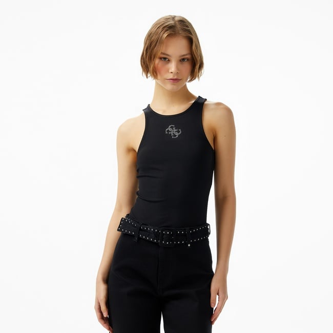  Guess New Round Kadın Siyah Kolsuz T-Shirt