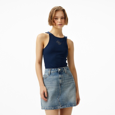  Guess New Round Kadın Lacivert Kolsuz T-Shirt