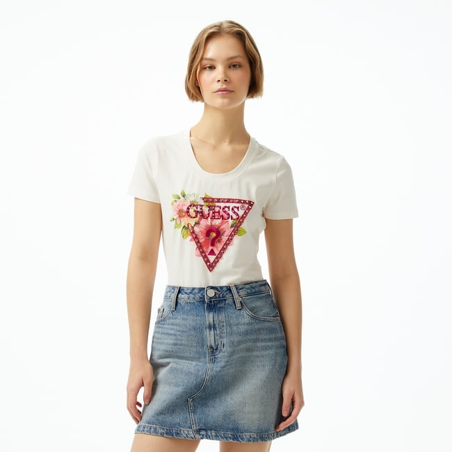  Guess Cn Triangle Beads Mid Organicetch 180 Kadın Beyaz T-Shirt