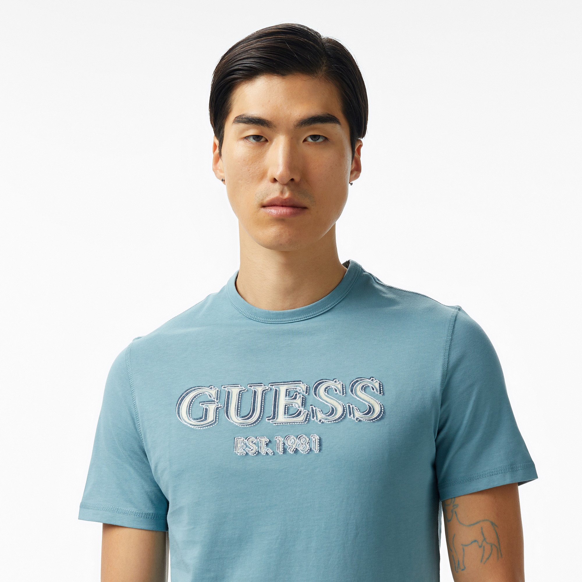 Guess Logo Mid Organic Stream 180 Erkek Mavi T-Shirt