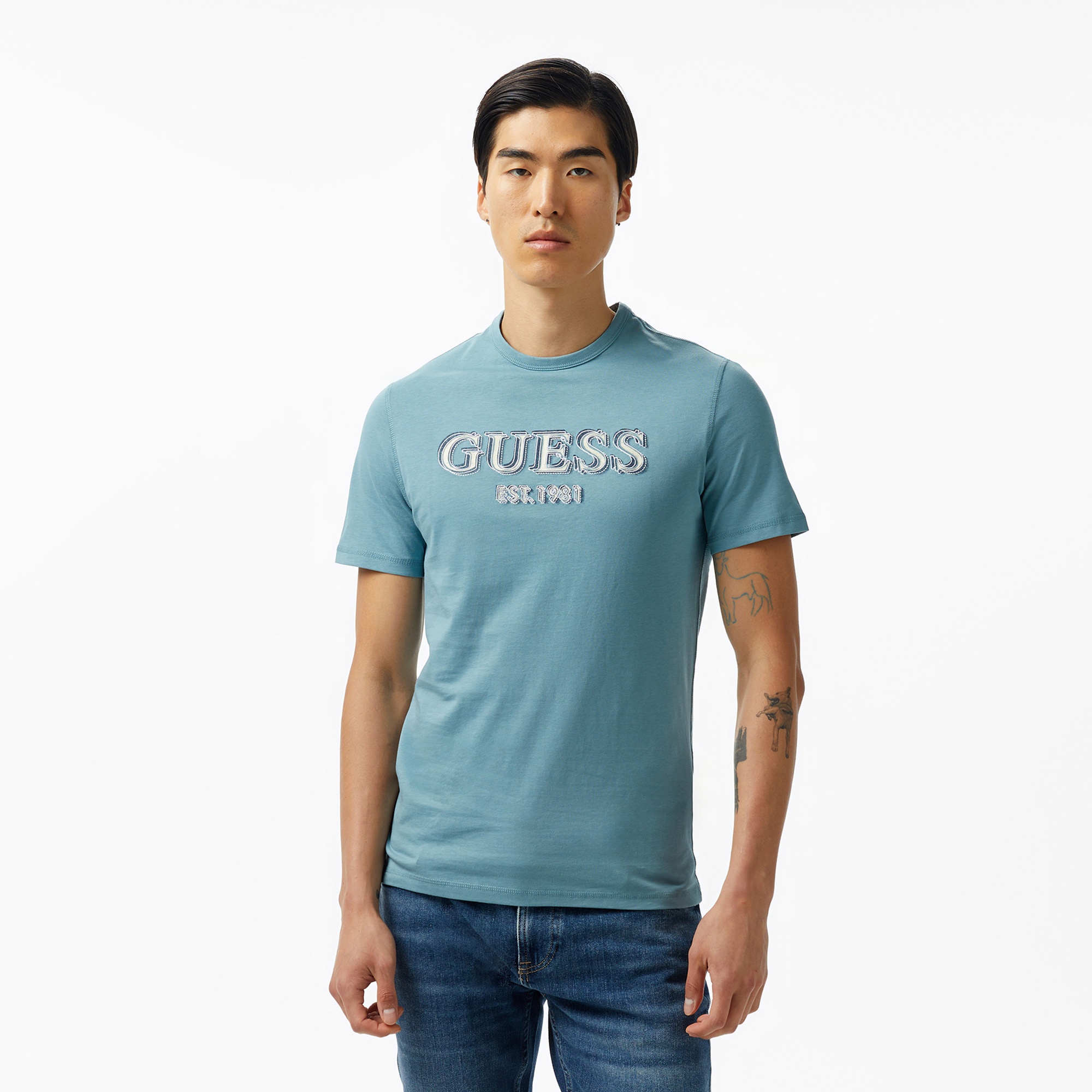 Guess Logo Mid Organic Stream 180 Erkek Mavi T-Shirt