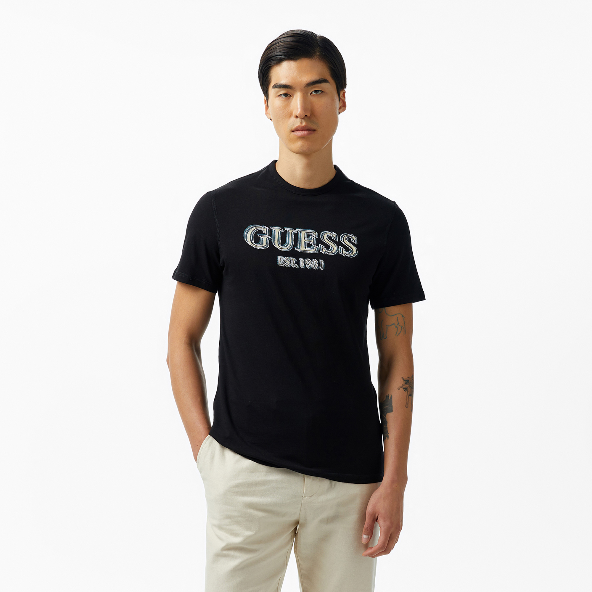  Guess Logo Mid Organic Stream 180 Erkek Siyah T-Shirt