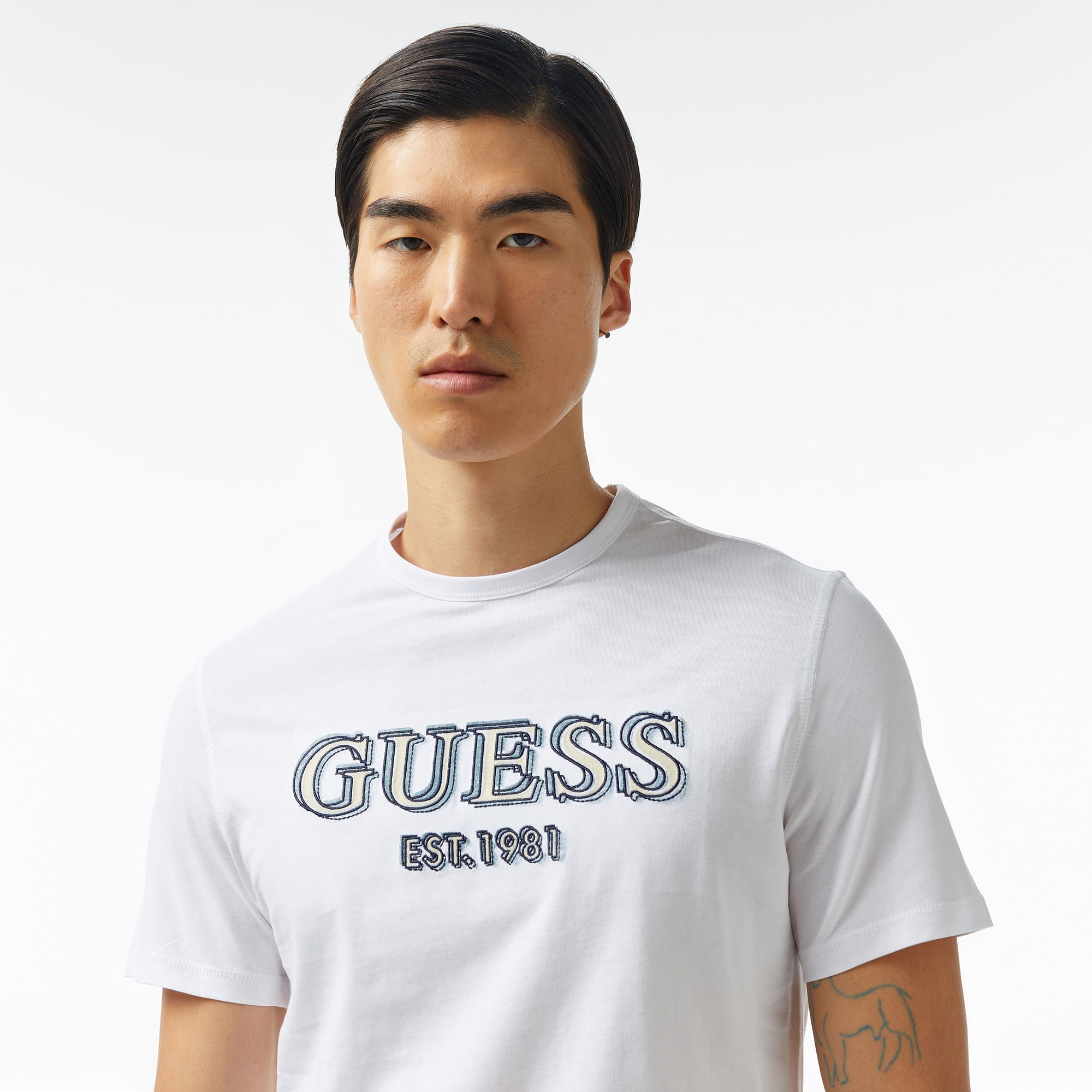 Guess Logo Mid Organic Stream Erkek Beyaz T-Shirt