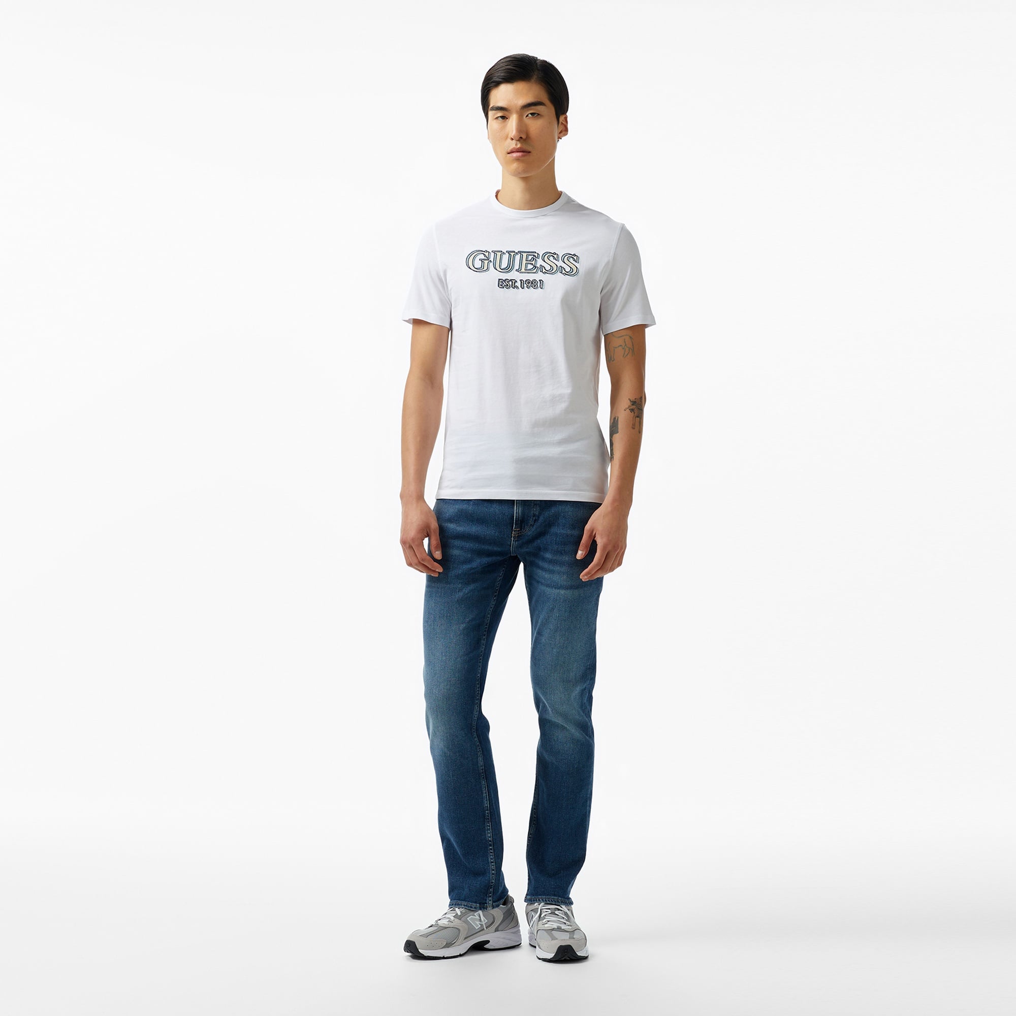 Guess Logo Mid Organic Stream Erkek Beyaz T-Shirt