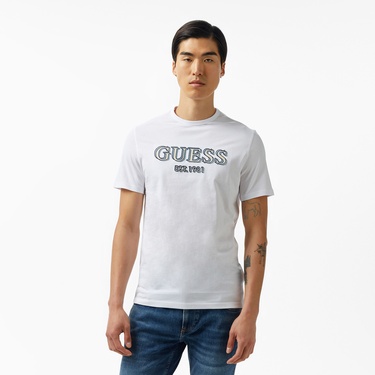  Guess Logo Mid Organic Stream 180 Erkek Beyaz T-Shirt