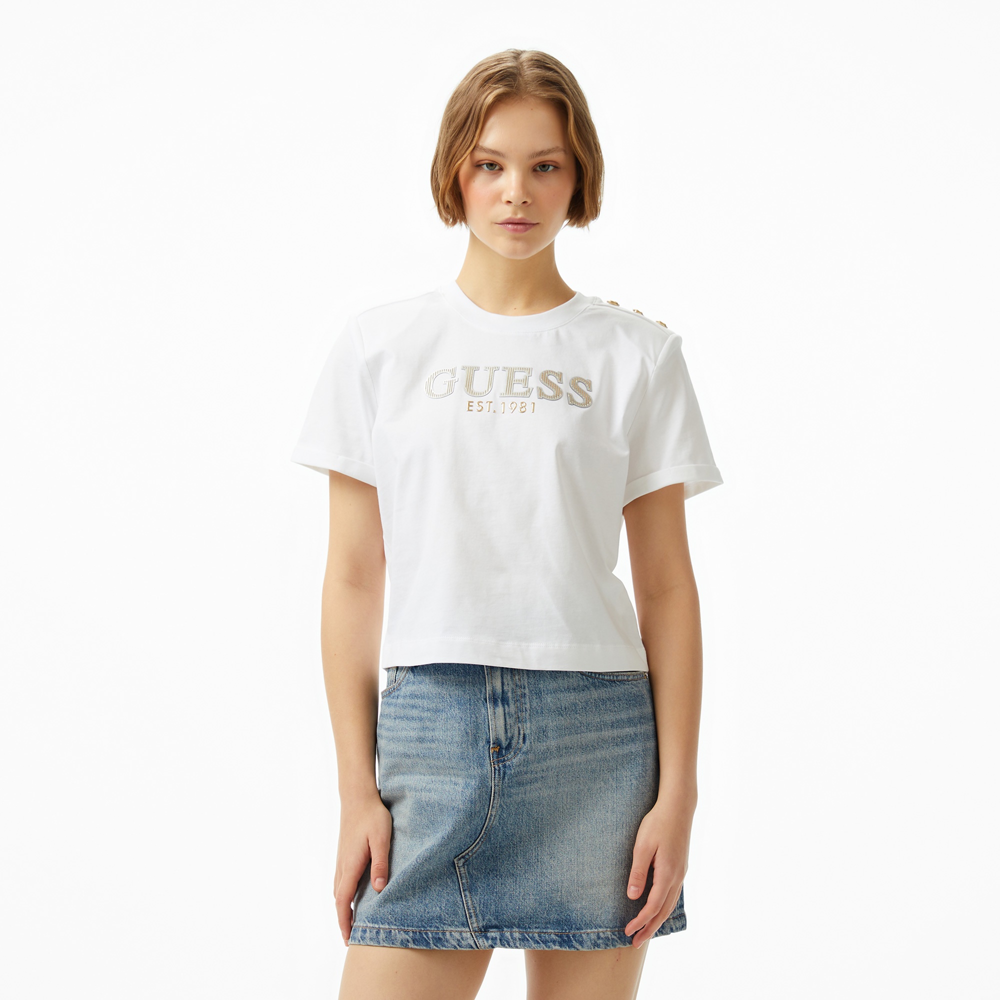 Guess Cropped Washed Mid Organic Heavy 205 Kadın Beyaz T-Shirt