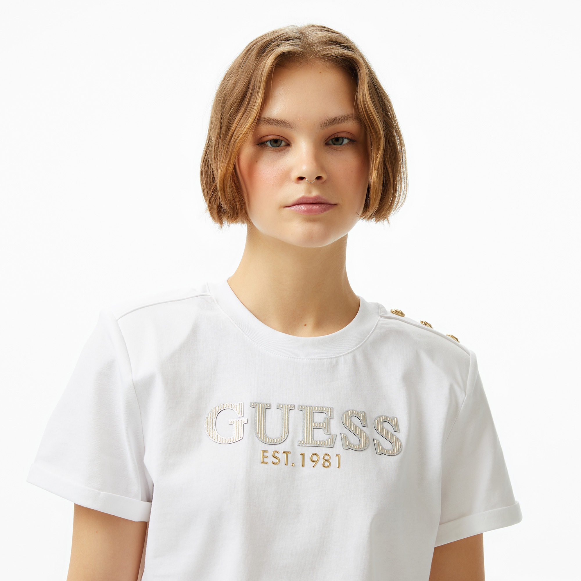 Guess Cropped Washed Mid Organic Heavy 205 Kadın Beyaz T-Shirt