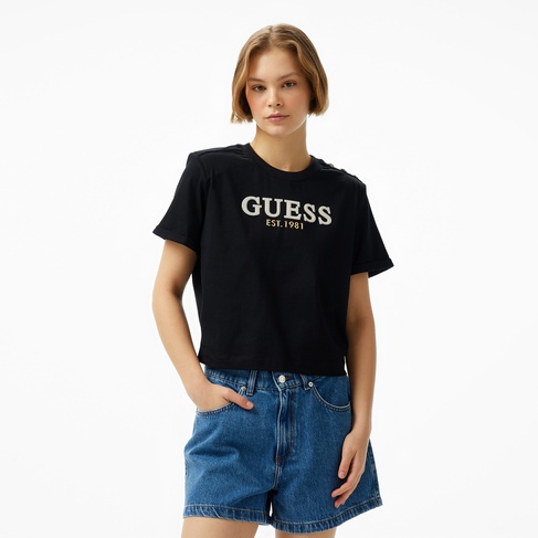  Guess Cropped Washed Mid Organic Heavy 205 Kadın Siyah T-Shirt