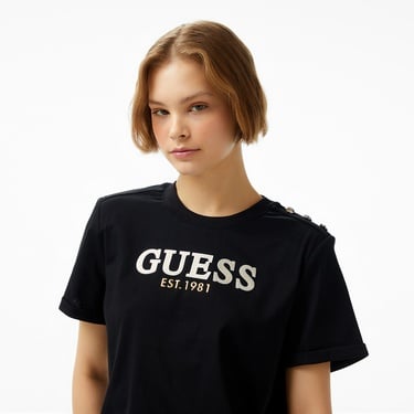  Guess Cropped Washed Mid Organic Heavy 205 Kadın Siyah T-Shirt