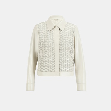  Kadın Beyaz Gömlek Yaka Örmeli Deri Ceket