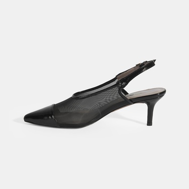  Kadın Siyah Fileli Ayarlanabilir Tokalı Rugan Topuklu Klasik Ayakkabı