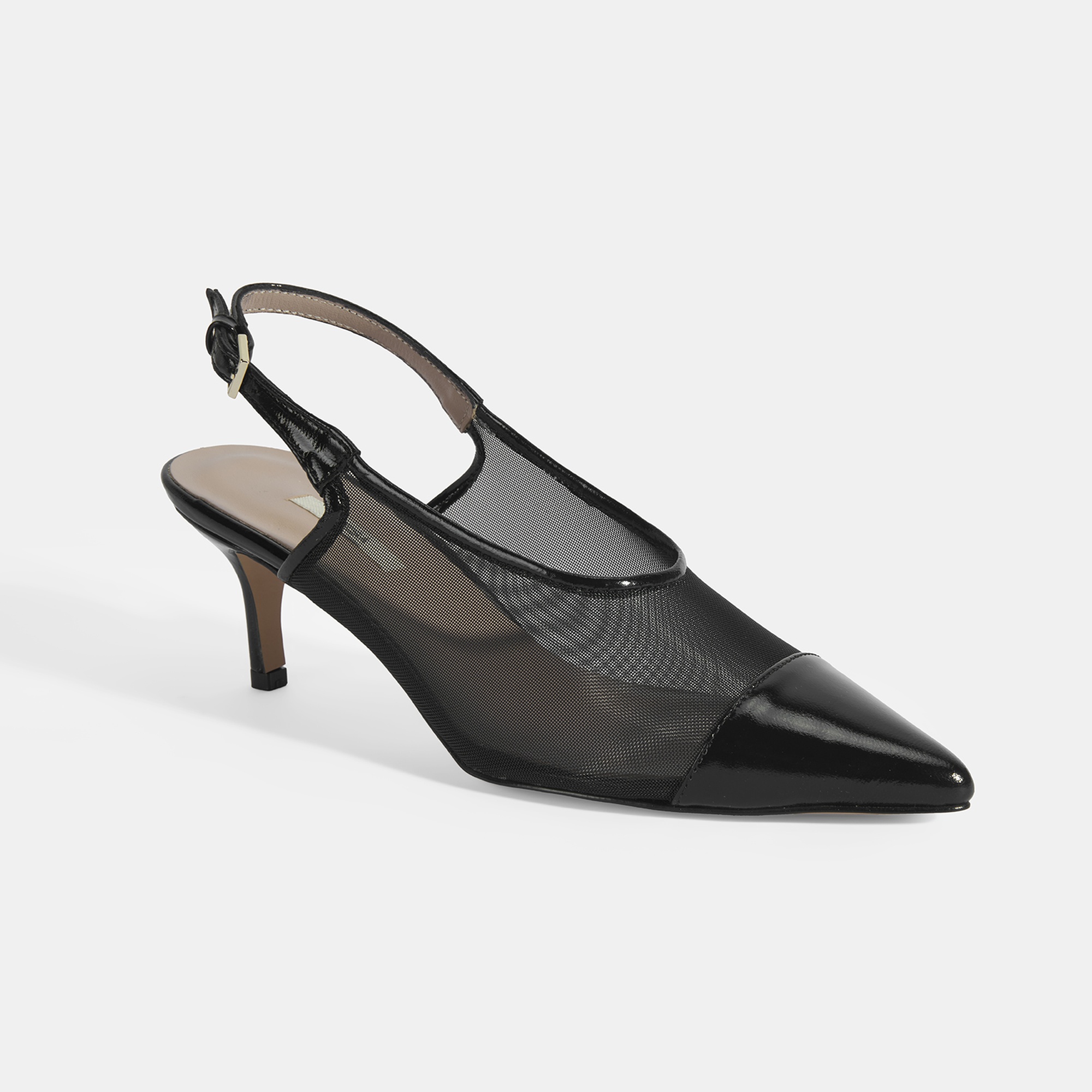 Kadın Siyah Fileli Ayarlanabilir Tokalı Rugan Topuklu Klasik Ayakkabı