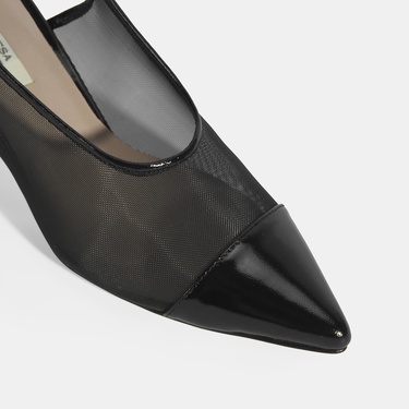  Kadın Siyah Fileli Ayarlanabilir Tokalı Rugan Topuklu Klasik Ayakkabı