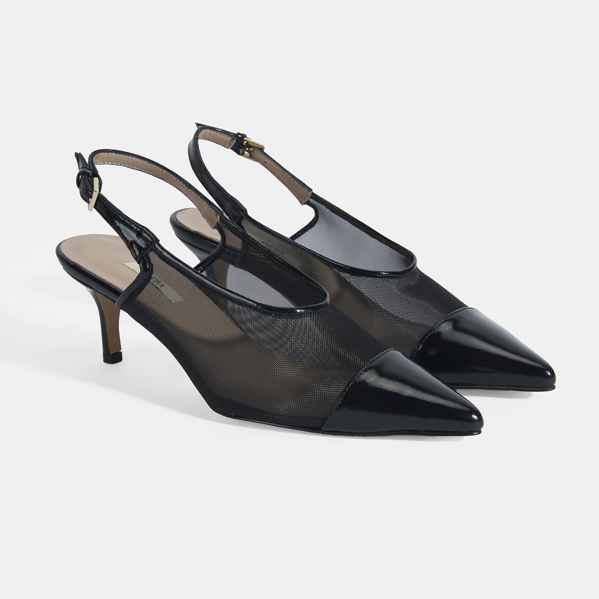 Kadın Siyah Fileli Ayarlanabilir Tokalı Rugan Topuklu Klasik Ayakkabı