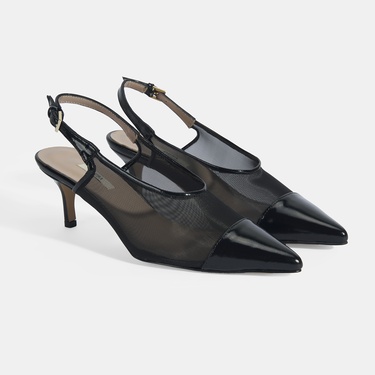  Kadın Siyah Fileli Ayarlanabilir Tokalı Rugan Topuklu Klasik Ayakkabı