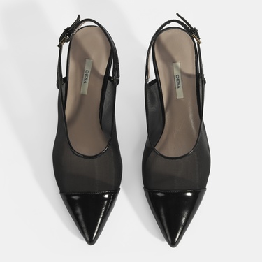  Kadın Siyah Fileli Ayarlanabilir Tokalı Rugan Topuklu Klasik Ayakkabı