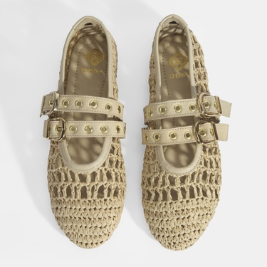  Kadın Bej Metal Toka Aksesuarlı Örgü Babet