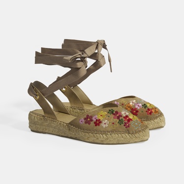  Limited Edition Bej Kadın Çiçek Nakışlı Jüt Bağcıklı Slingback Espadril