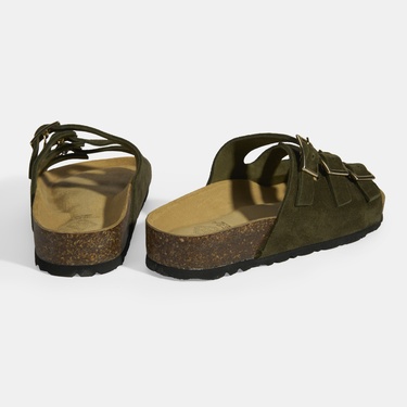  Haki Kadın Toka Detaylı Süet Terlik