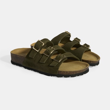  Haki Kadın Toka Detaylı Süet Terlik