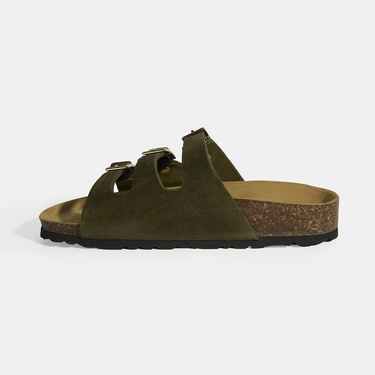  Haki Kadın Toka Detaylı Süet Terlik