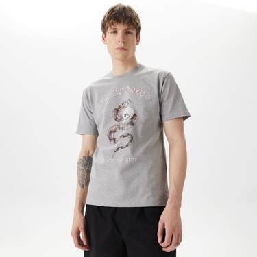  ERKEK BASKILI BİSİKLET YAKA GRİ T-SHIRT