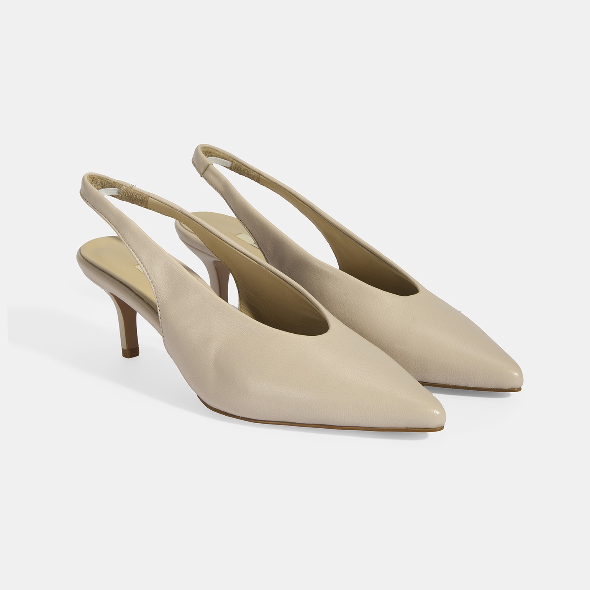 Kadın Krem Slingback Deri Topuklu Ayakkabı