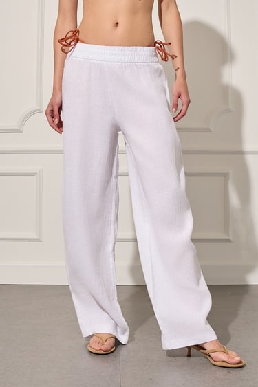  %100 Keten Beli Lastikli Pantolon