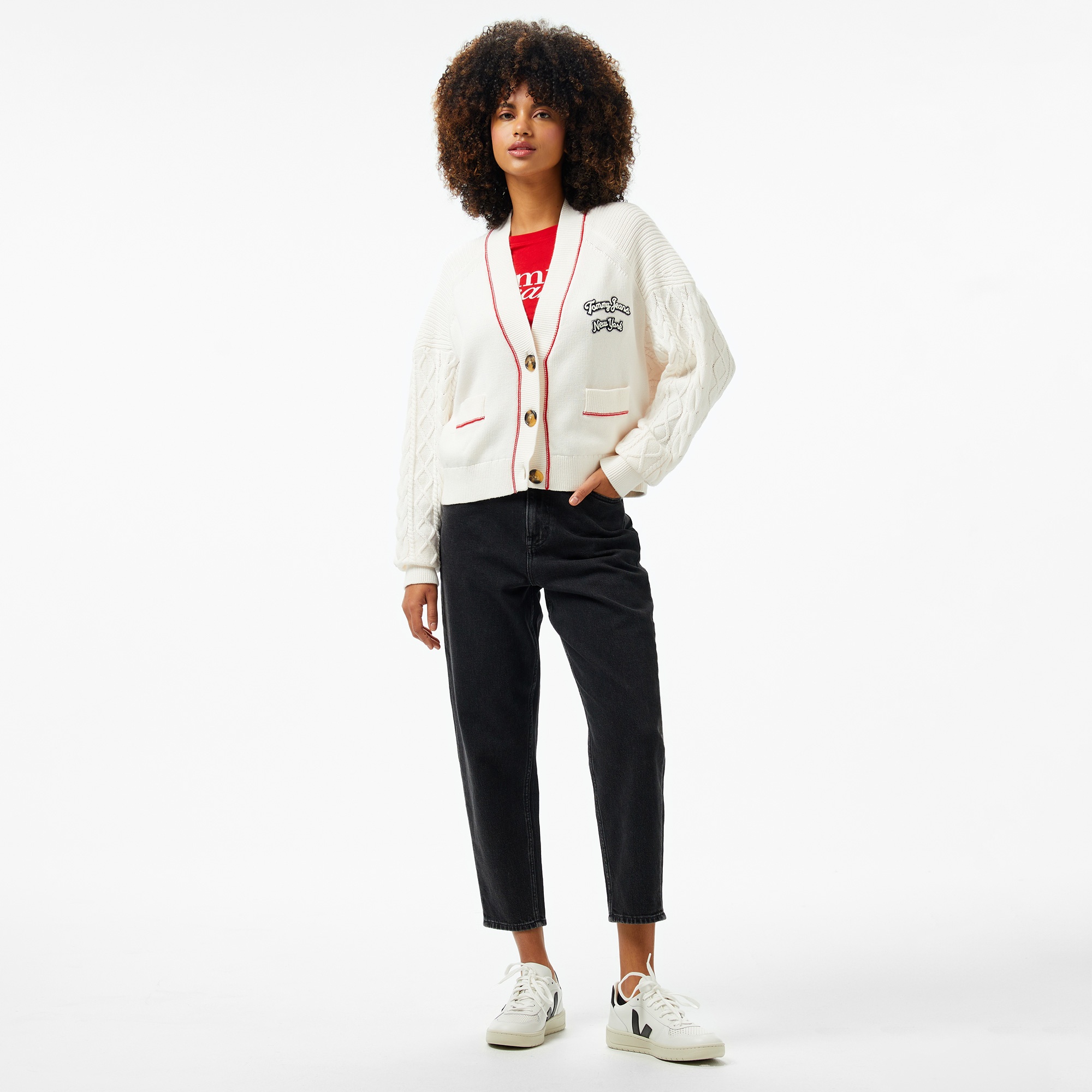 Tommy Jeans Prep Varsity Cardigan Kadın Beyaz Hırka
