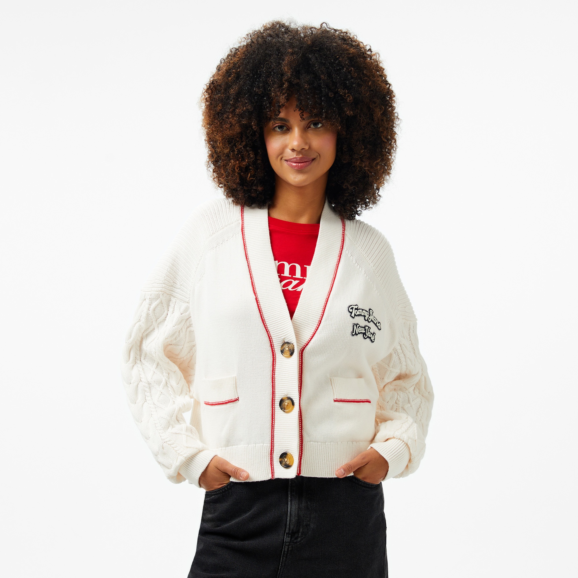 Tommy Jeans Prep Varsity Cardigan Kadın Beyaz Hırka