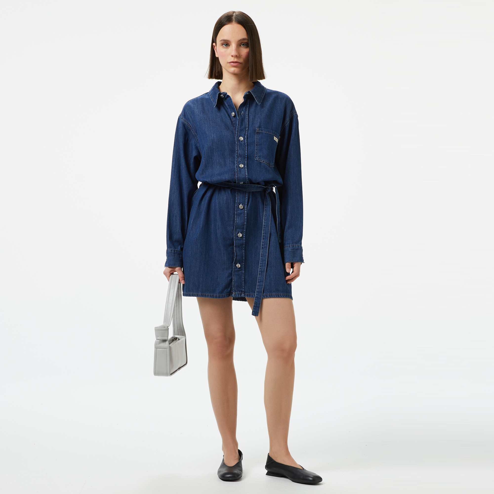 Calvin Klein Belted Tencel Denim Kadın Lacivert Elbise