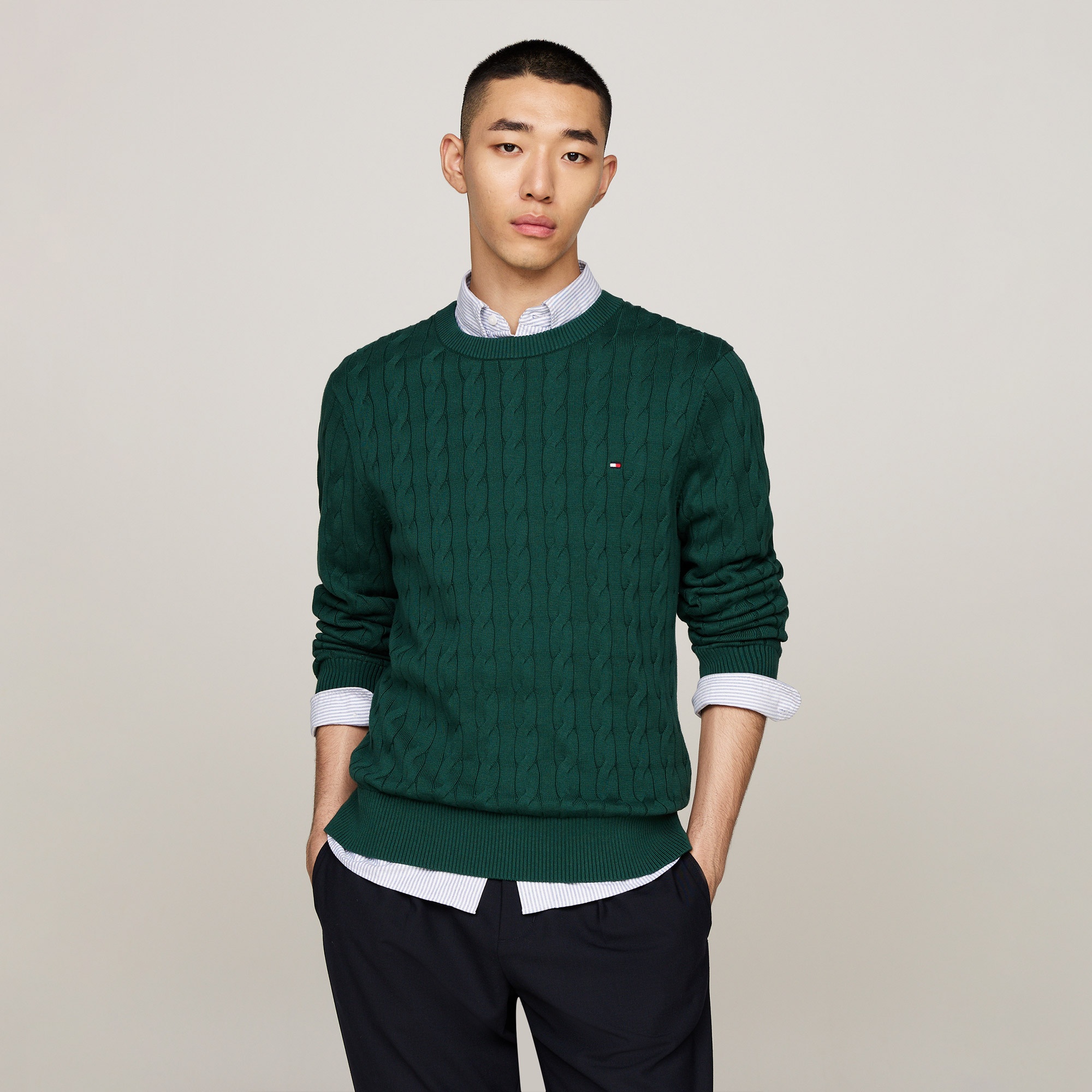 Tommy Hilfiger Classic Cotton Cable Erkek Yeşil Triko