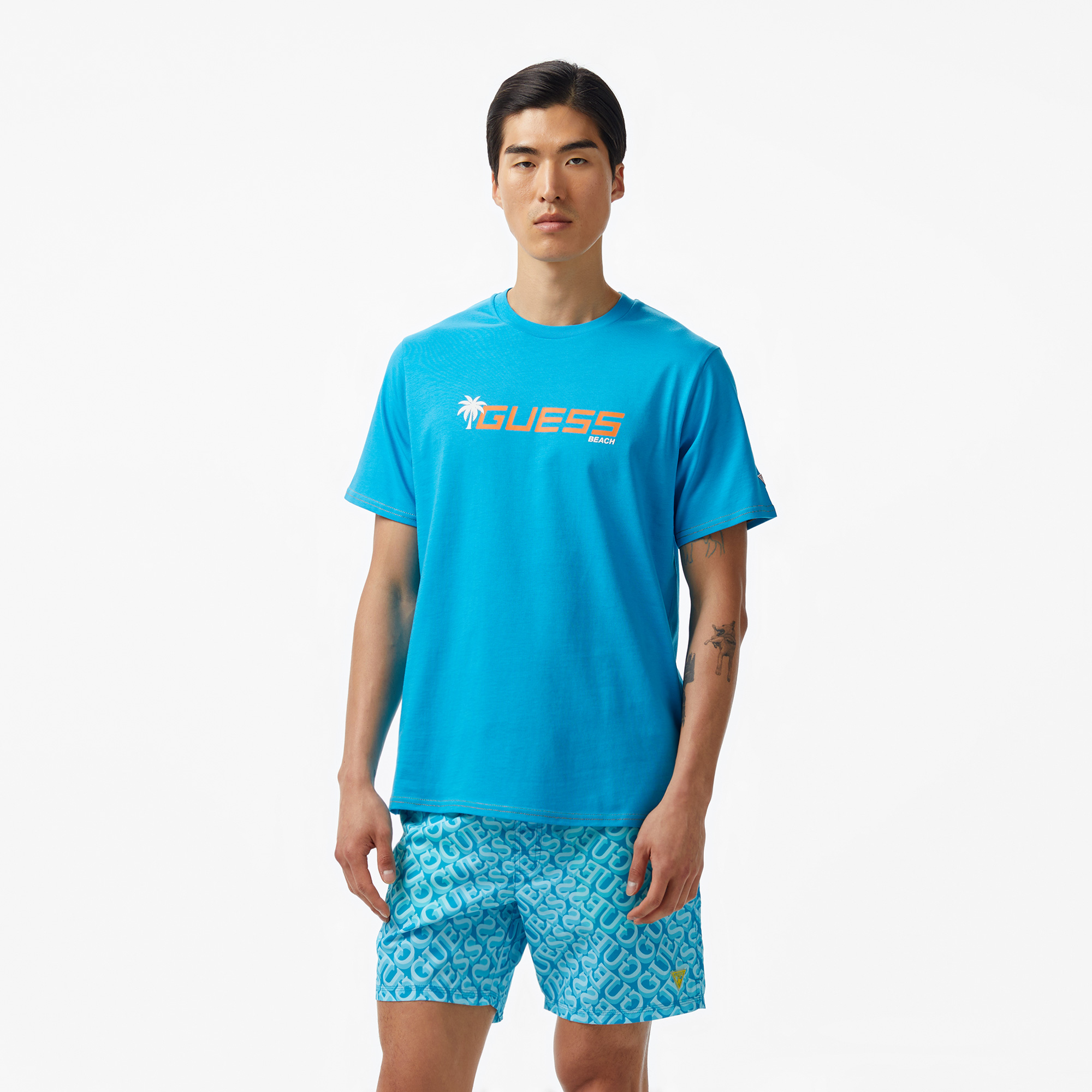  Guess Cn Palm Logo Mid Organiceam 180 Erkek Mavi T-Shirt