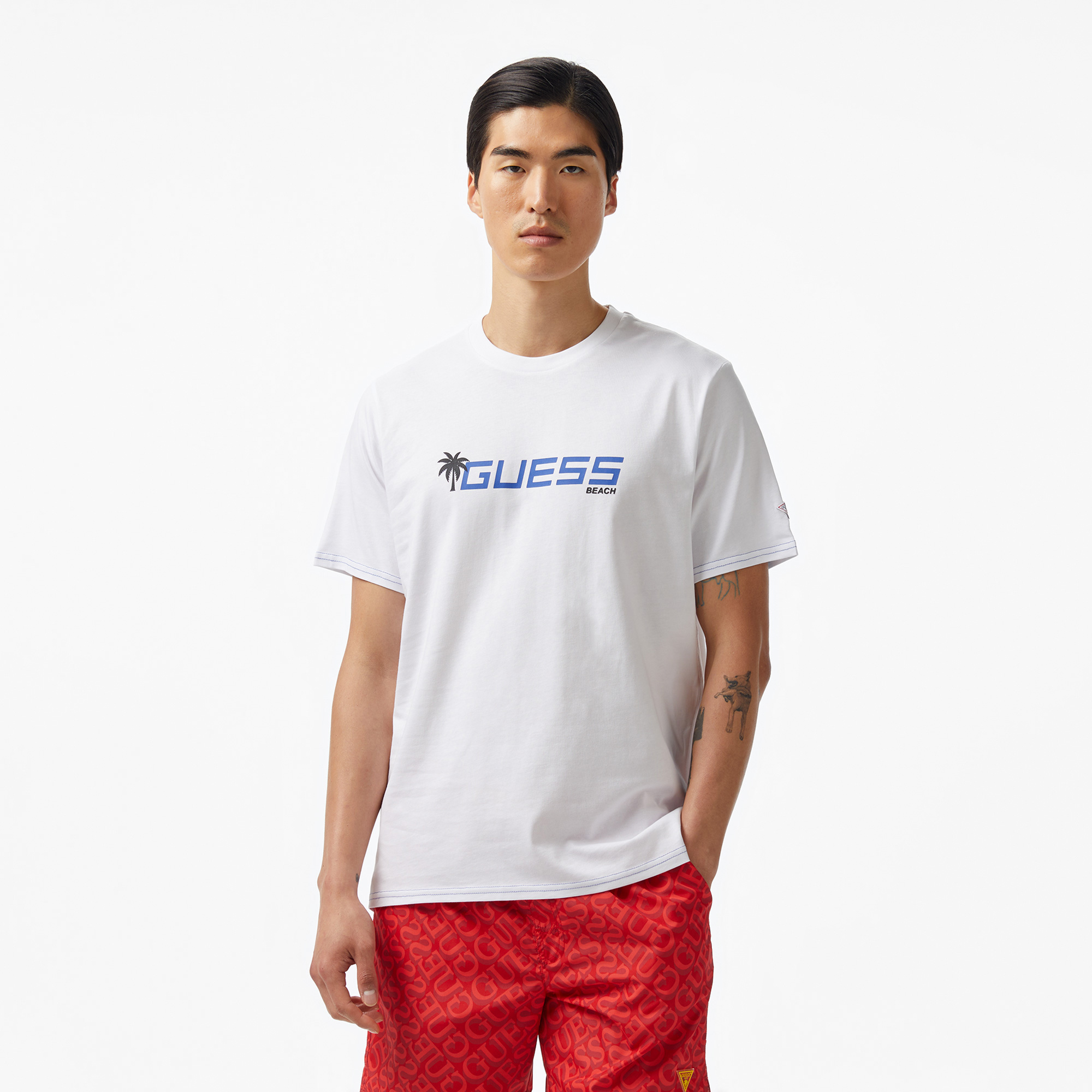  Guess Palm Logo Mid Organic Stream 180 Erkek Beyaz T-Shirt