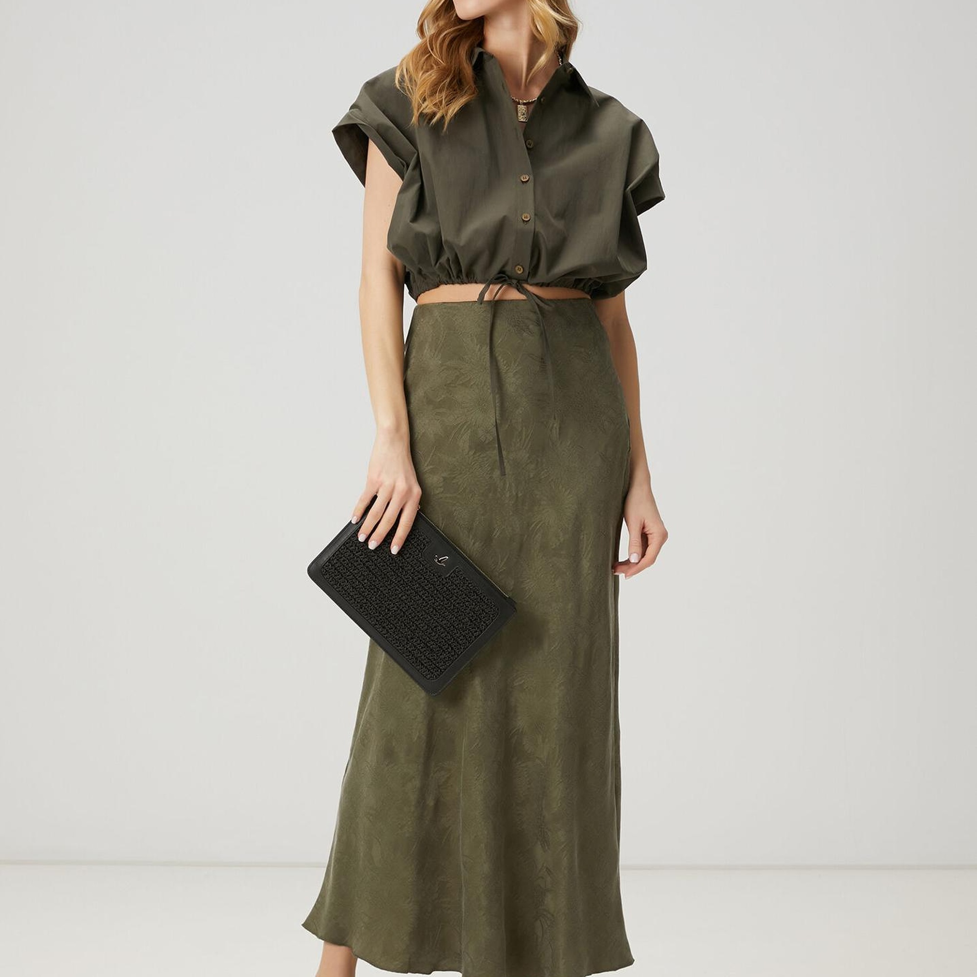 Beymen Club Kadin Haki Jakarlı Maksi İpek Etek