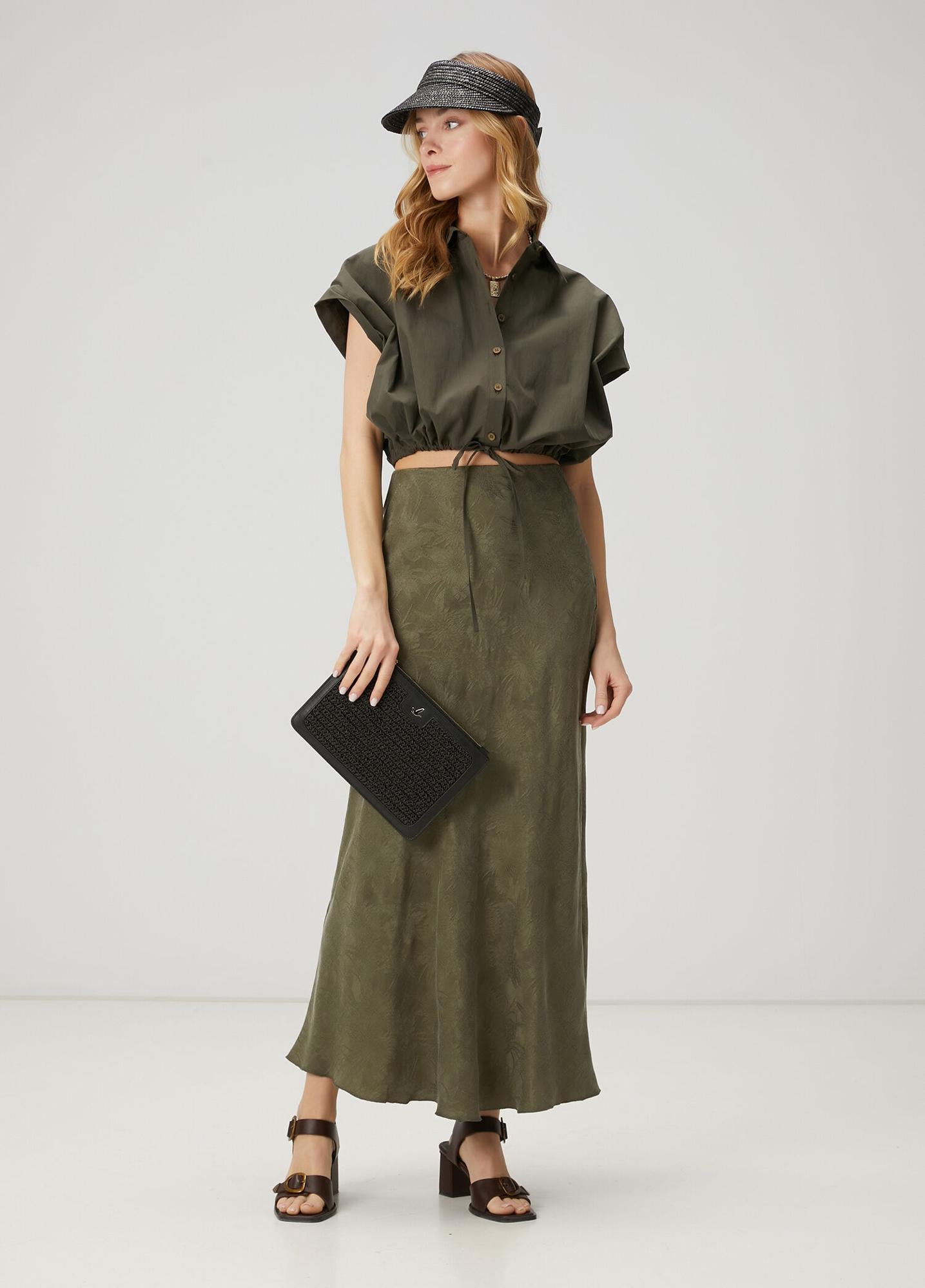  Beymen Club Kadin Haki Jakarlı Maksi İpek Etek