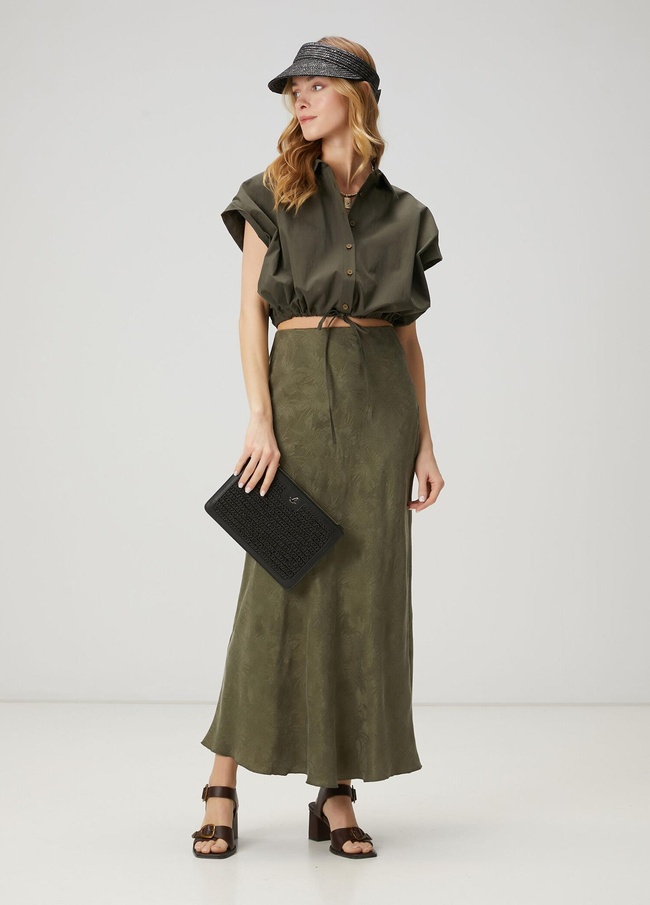  Beymen Club Kadin Haki Jakarlı Maksi İpek Etek