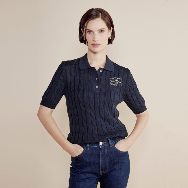  Brooks Brothers P. Y. Bb Nakışlı Kısa Kol Saç Örgü Kadın Lacivert Kazak