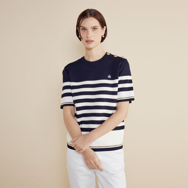  Brooks Brothers Bisiklet Yaka Omzu Düğmeli Çizgili Kısa Kol Kadın Lacivert Kazak