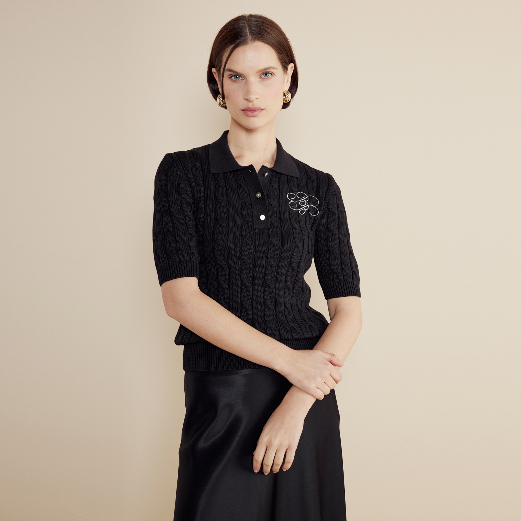 Brooks Brothers P. Y. Bb Nakışlı Kısa Kol Saç Örgü Kadın Siyah Kazak