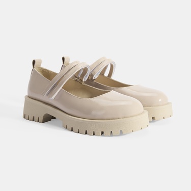  Kadın Krem Mary Jane Cırt Detaylı Deri Babet