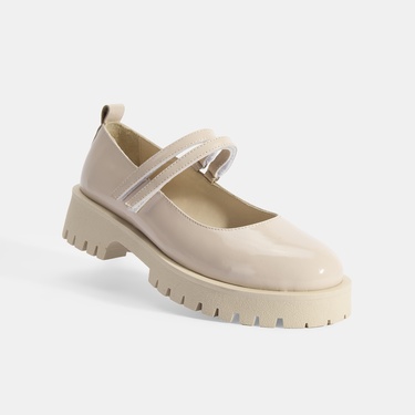  Kadın Krem Mary Jane Cırt Detaylı Deri Babet