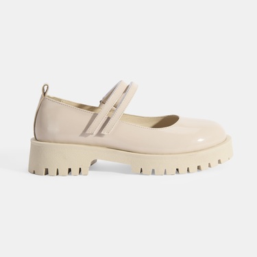  Kadın Krem Mary Jane Cırt Detaylı Deri Babet